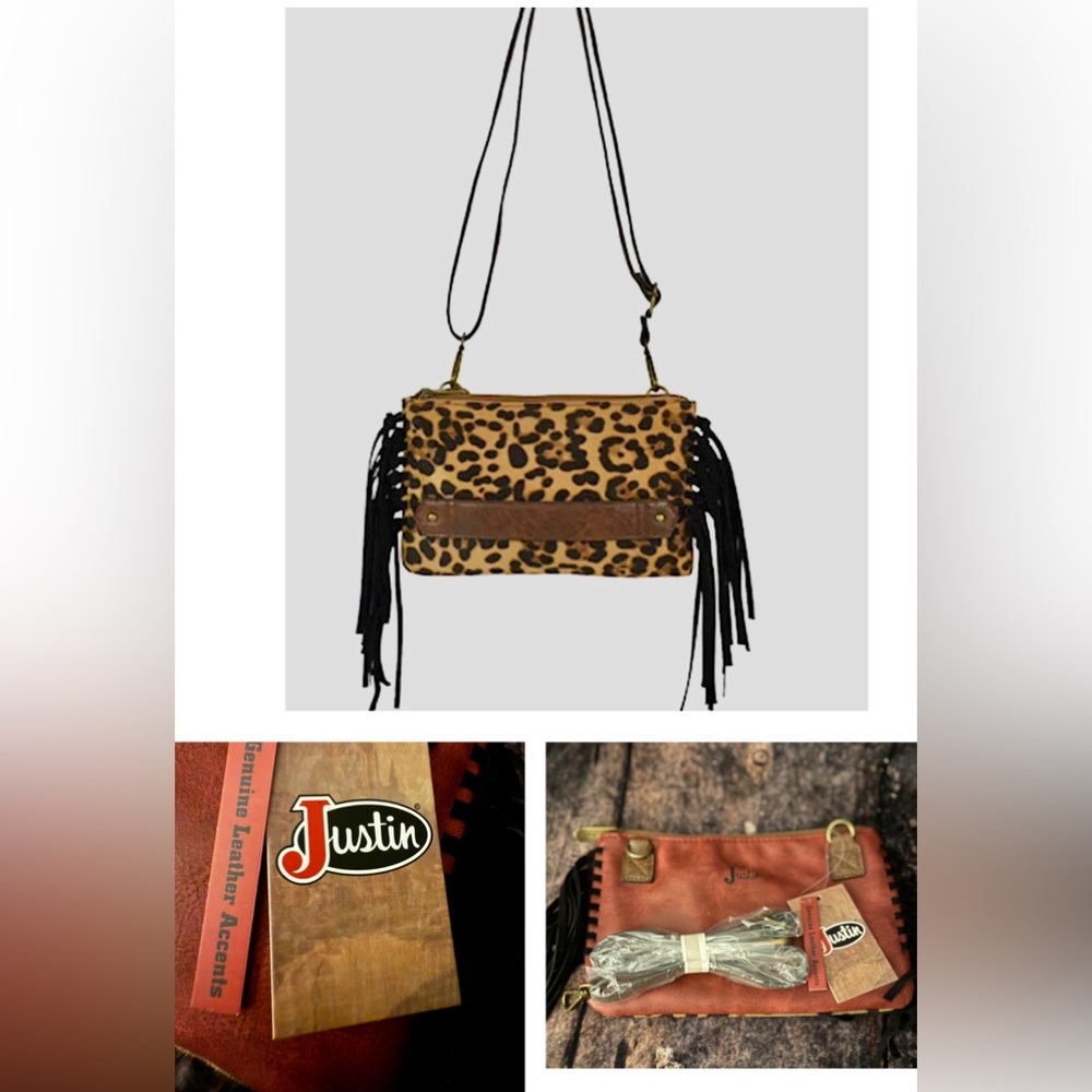 Justin Boots Women's Cheetah Print & Berry Leather Clutch or Crossbody Bag NWT